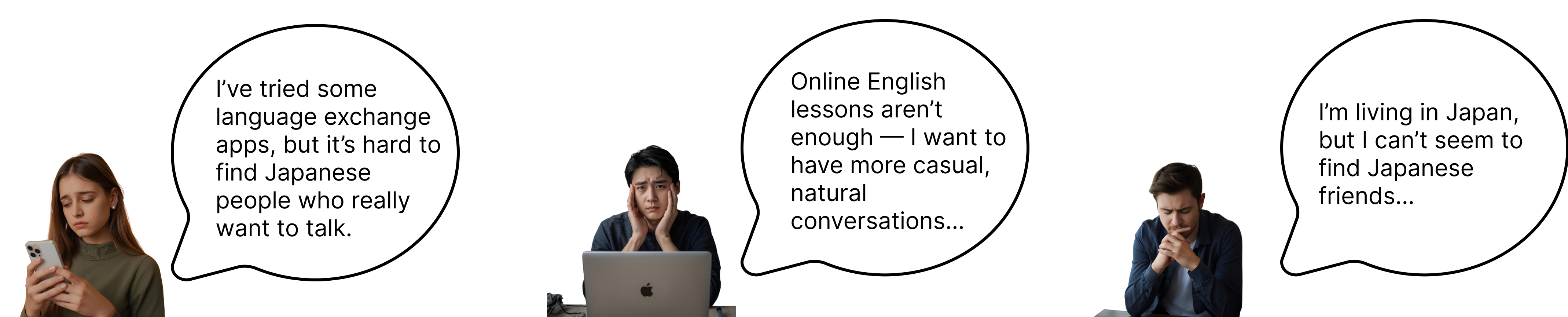 Three people with overlapping speech bubbles describing their frustrations